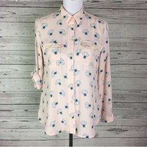 Ann Taylor Loft Pink White Floral Roll Tab Sleeve Button Front Top